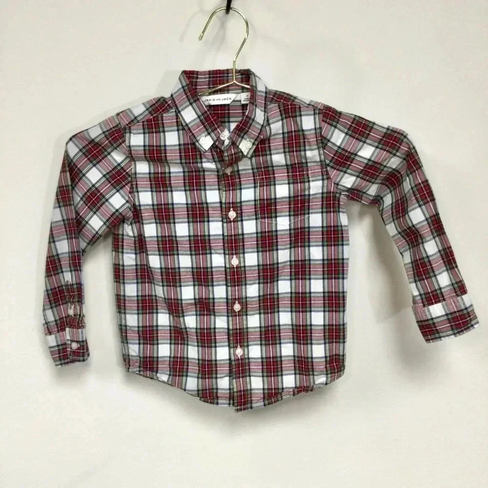 Boys Janie and Jack Shirt, Size 4, Red and White Plaid Long sleeve